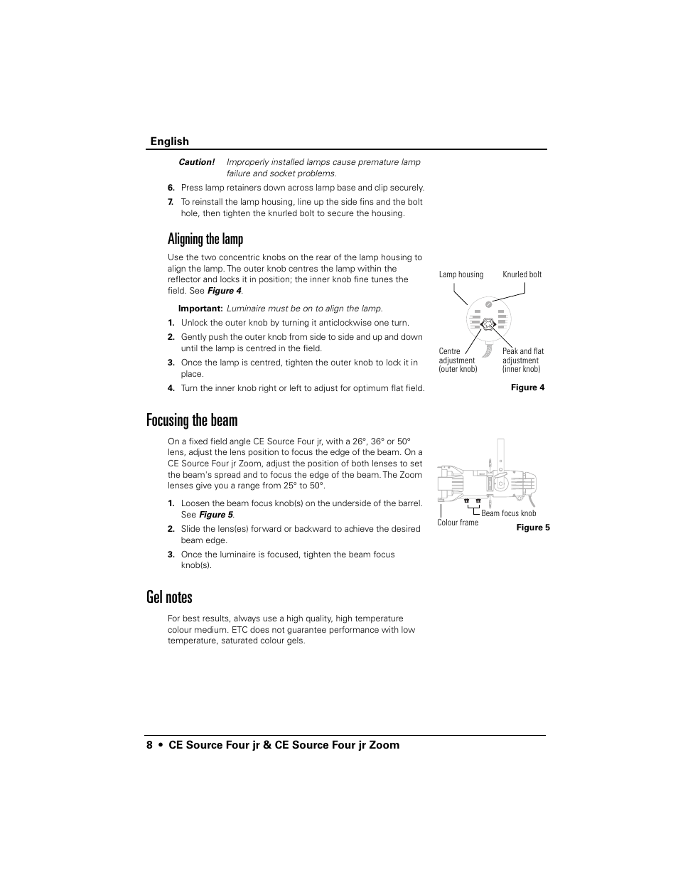 Focusing the beam, Aligning the lamp | ETC Source Four CE jr and jr Zoom User Manual User Manual | Page 10 / 40