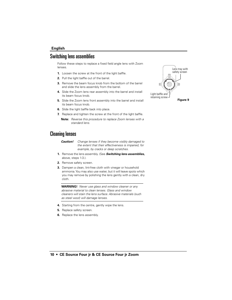 Switching lens assemblies, Cleaning lenses | ETC Source Four CE jr and jr Zoom User Manual User Manual | Page 12 / 40