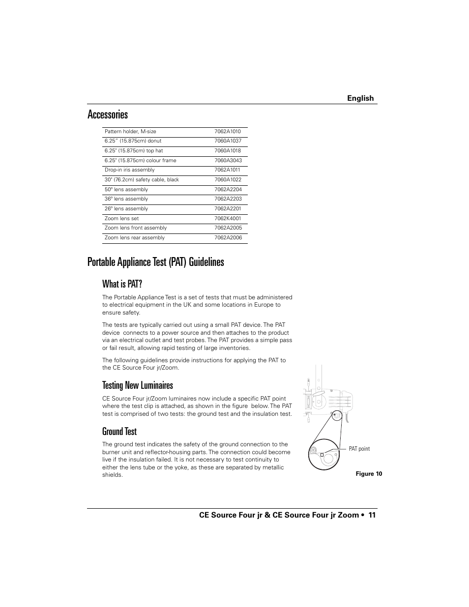 What is pat, Testing new luminaires, Ground test | ETC Source Four CE jr and jr Zoom User Manual User Manual | Page 13 / 40