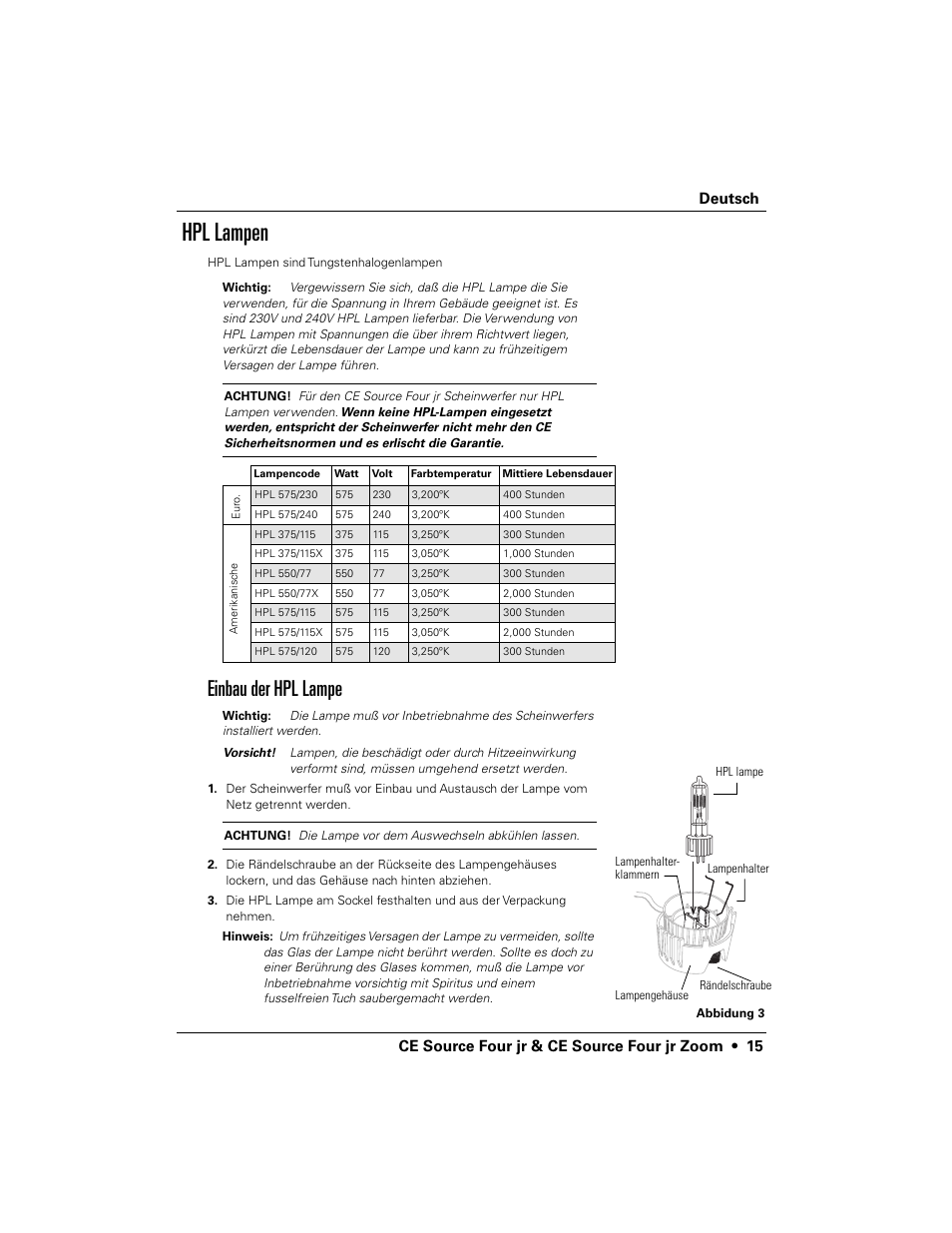 Hpl lampen, Einbau der hpl lampe | ETC Source Four CE jr and jr Zoom User Manual User Manual | Page 17 / 40