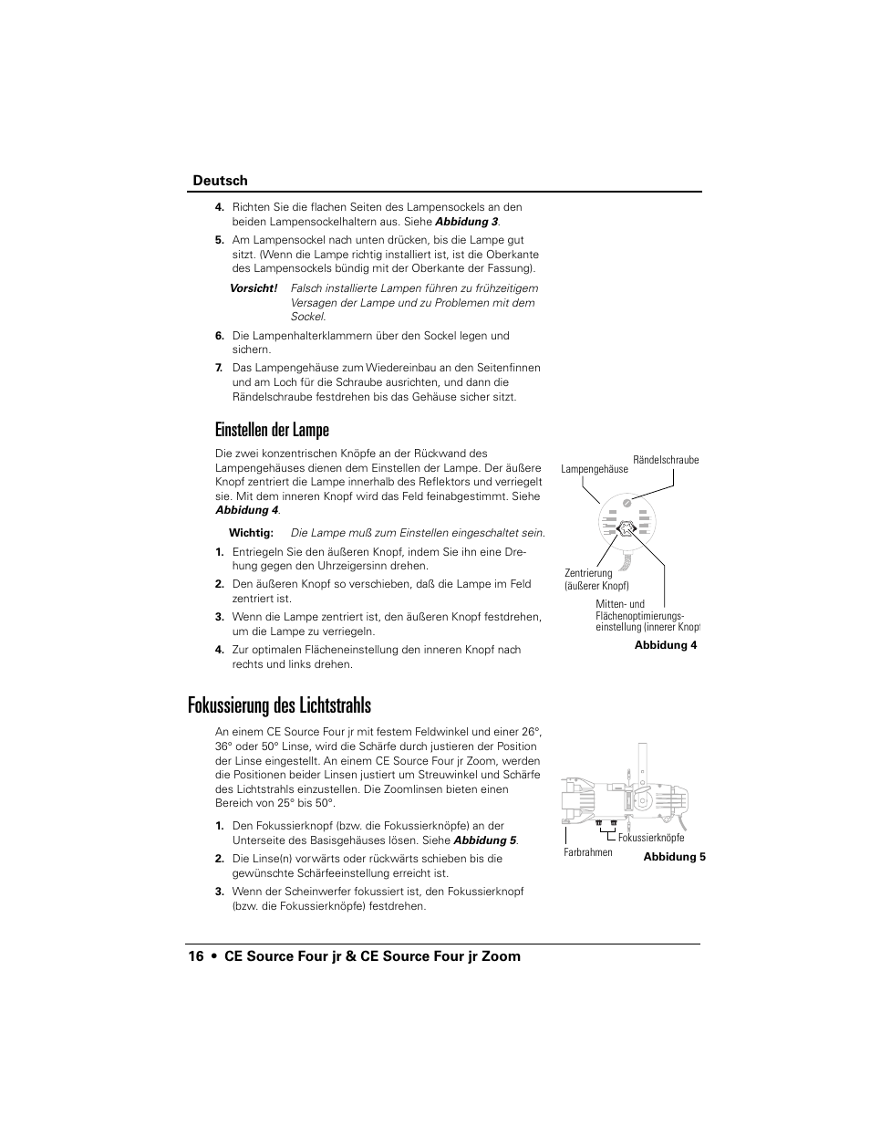 Fokussierung des lichtstrahls, Einstellen der lampe | ETC Source Four CE jr and jr Zoom User Manual User Manual | Page 18 / 40
