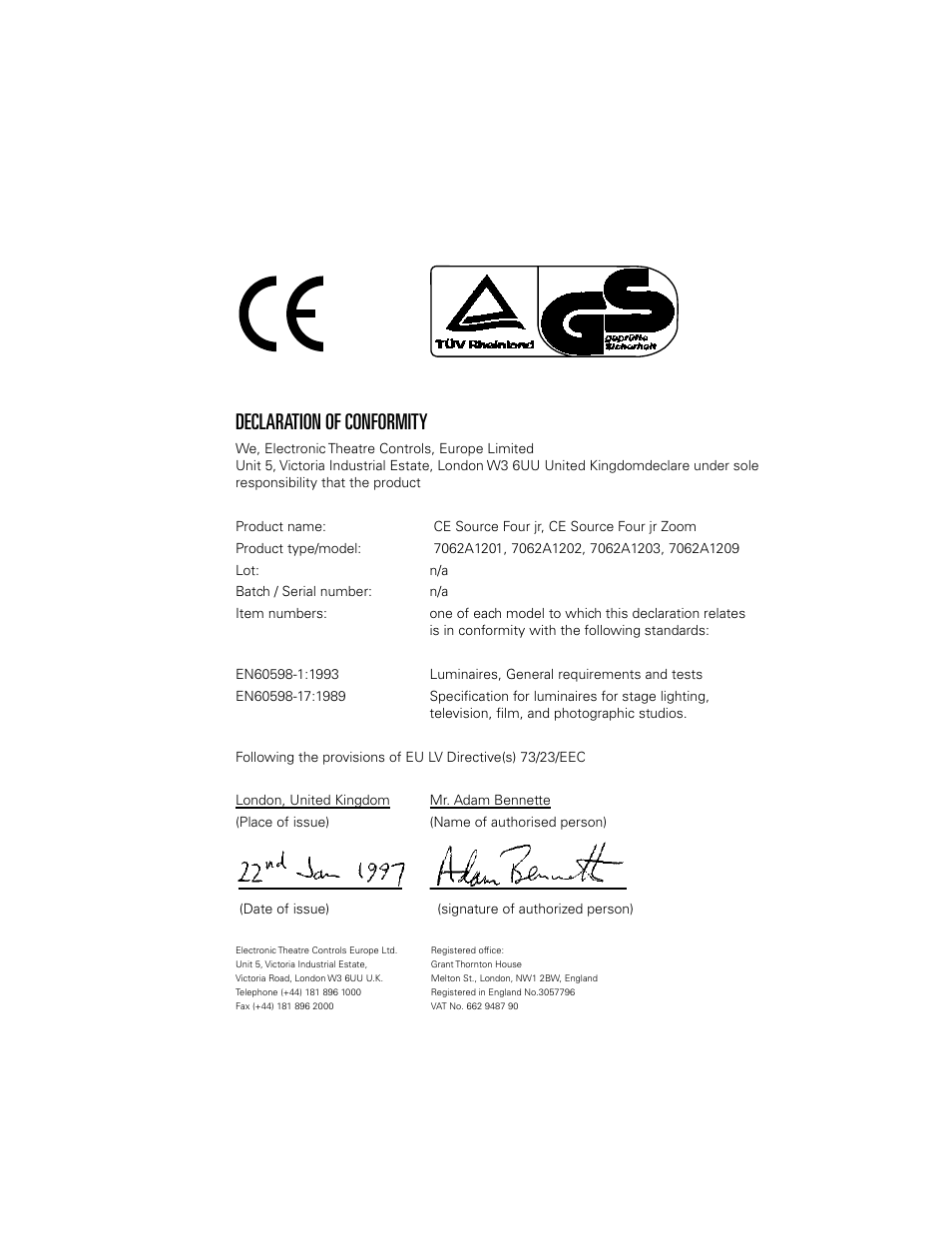 Declaration of conformity | ETC Source Four CE jr and jr Zoom User Manual User Manual | Page 2 / 40