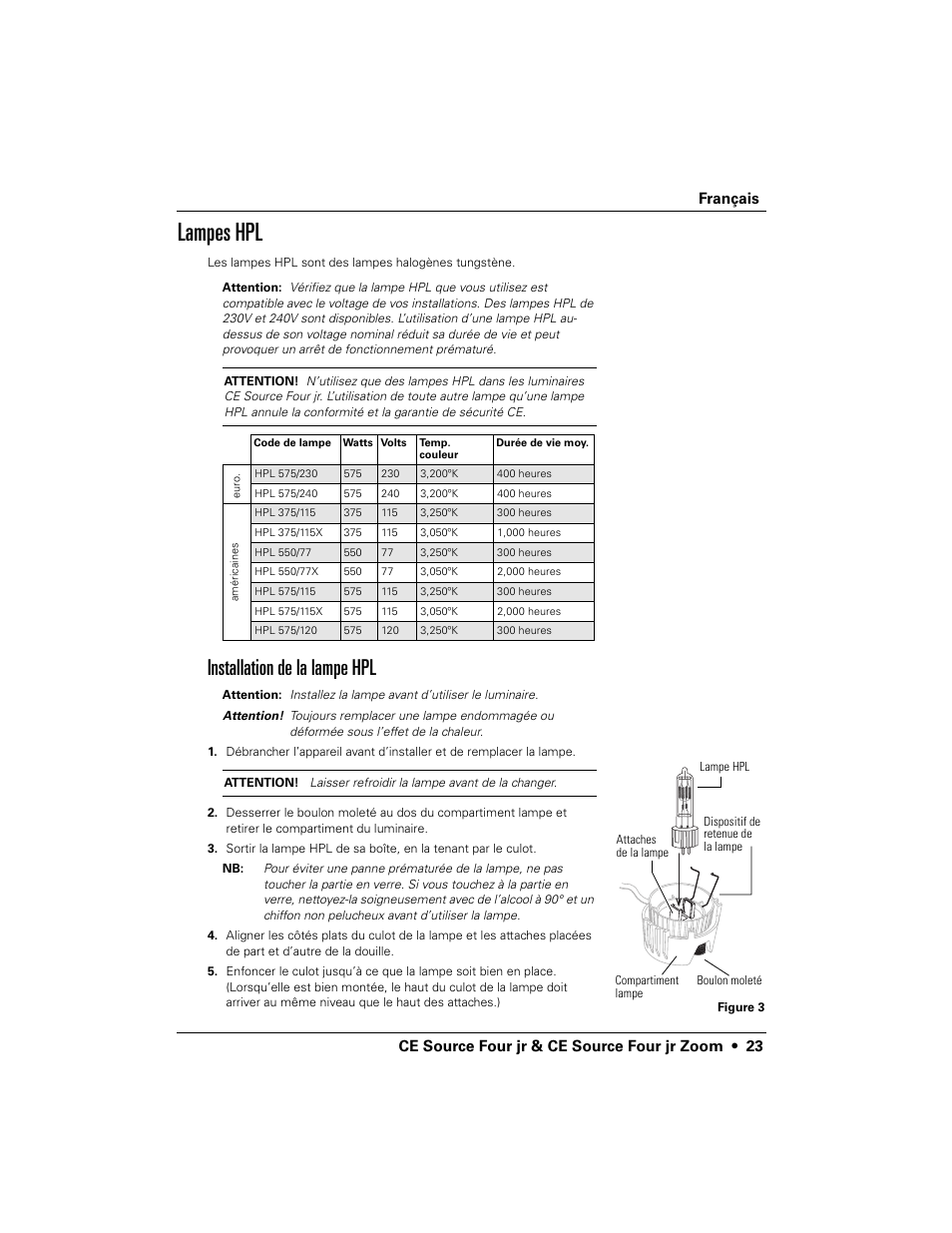 Lampes hpl, Installation de la lampe hpl | ETC Source Four CE jr and jr Zoom User Manual User Manual | Page 25 / 40