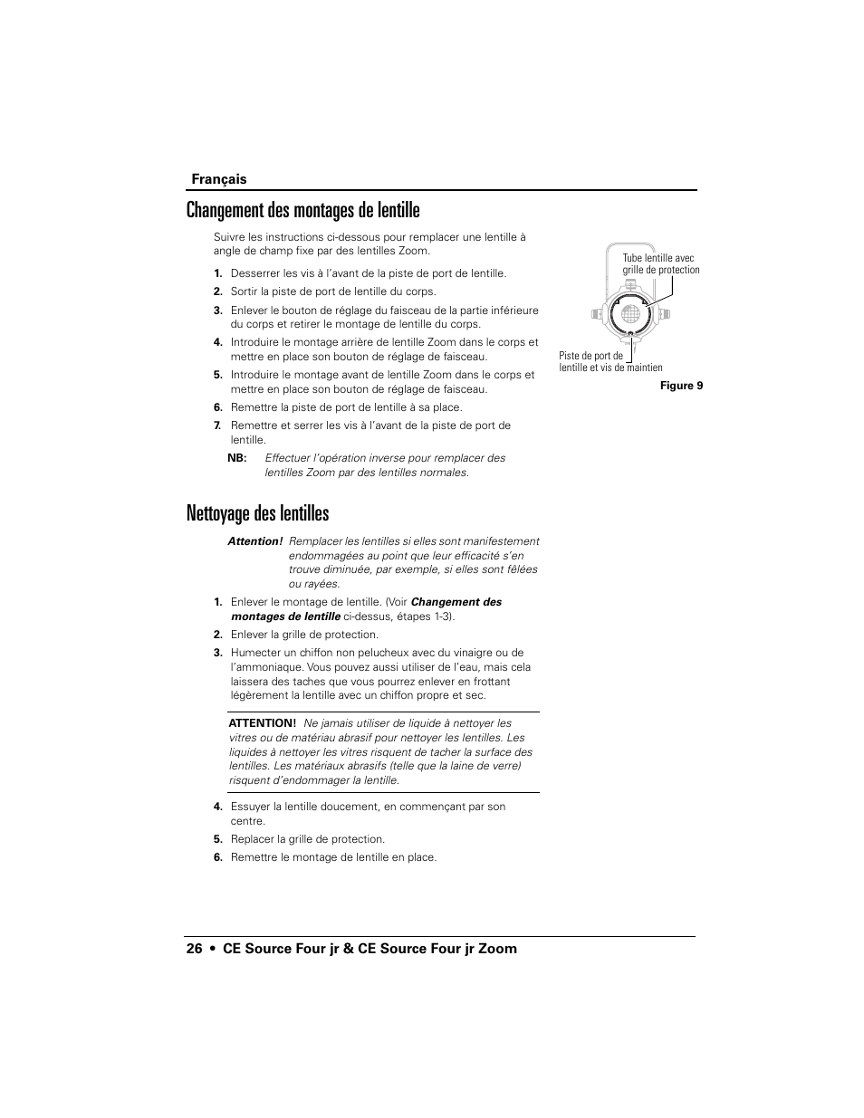Changement des montages de lentille, Nettoyage des lentilles | ETC Source Four CE jr and jr Zoom User Manual User Manual | Page 28 / 40