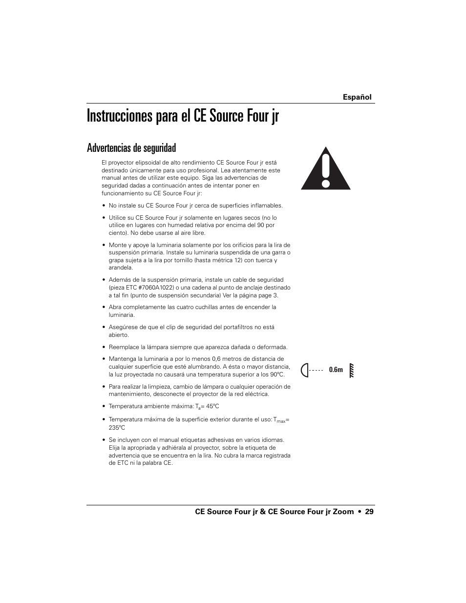 Instrucciones para el ce source four jr, Advertencias de seguridad | ETC Source Four CE jr and jr Zoom User Manual User Manual | Page 31 / 40