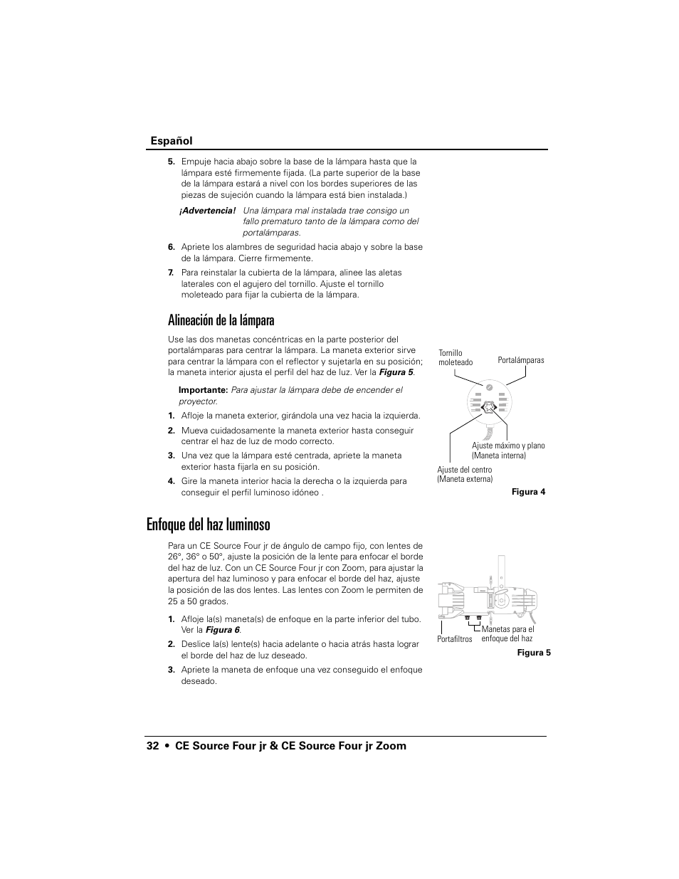 Enfoque del haz luminoso, Alineación de la lámpara | ETC Source Four CE jr and jr Zoom User Manual User Manual | Page 34 / 40