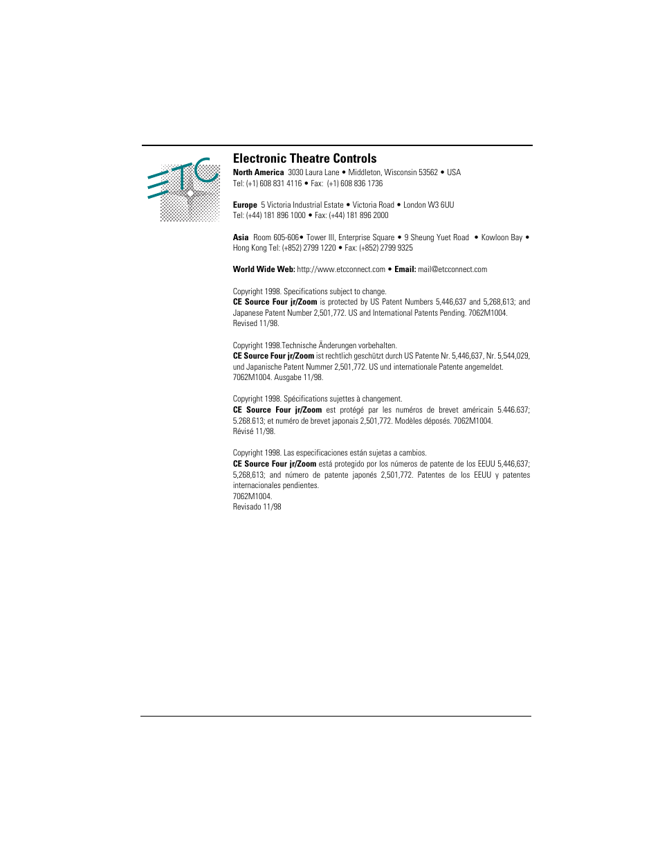 Electronic theatre controls | ETC Source Four CE jr and jr Zoom User Manual User Manual | Page 40 / 40