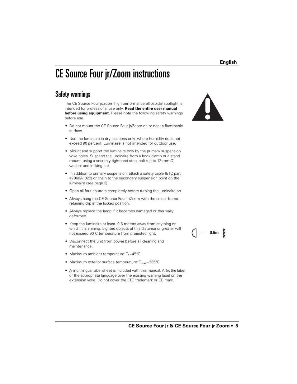 Ce source four jr/zoom instructions, Safety warnings | ETC Source Four CE jr and jr Zoom User Manual User Manual | Page 7 / 40