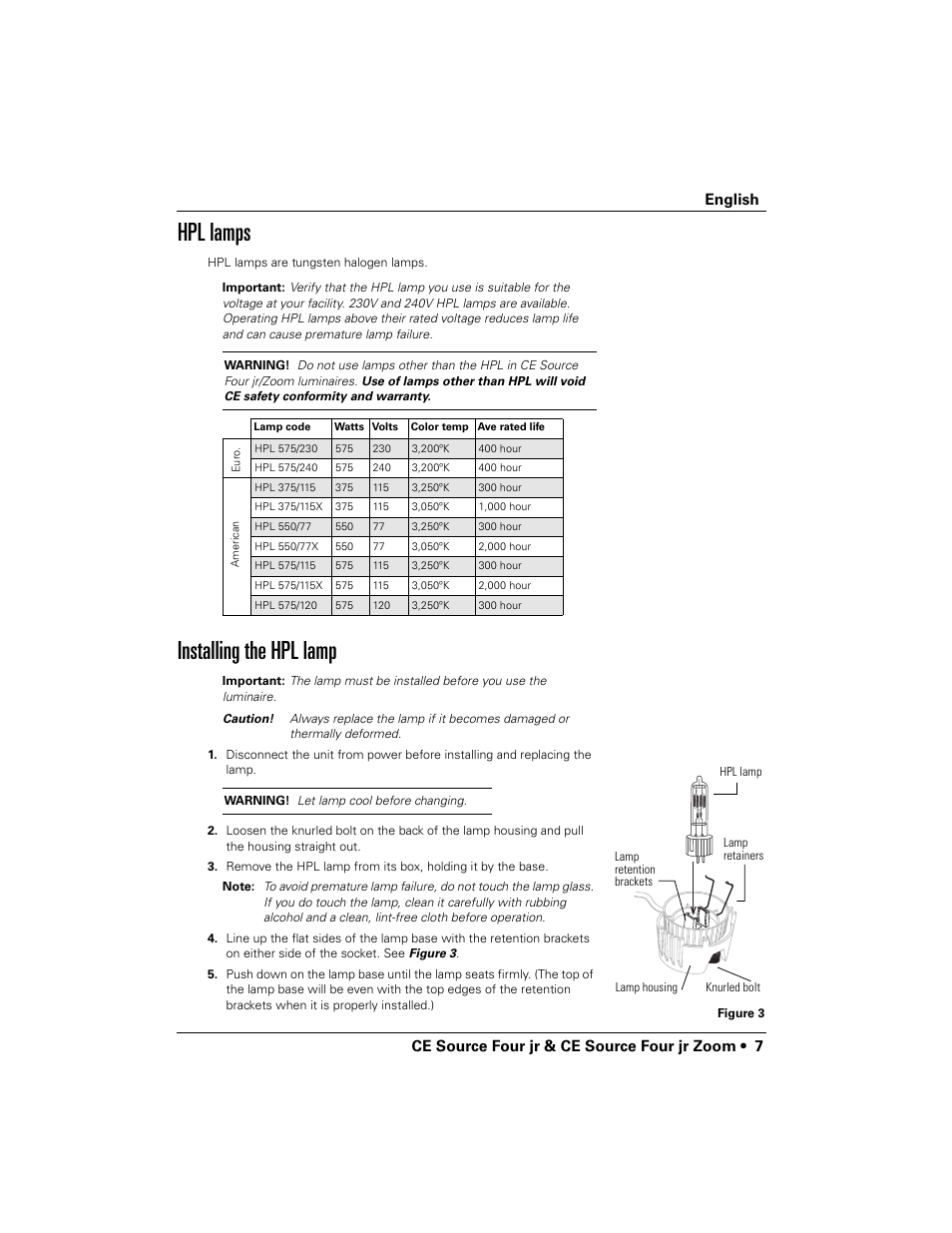 Hpl lamps, Installing the hpl lamp | ETC Source Four CE jr and jr Zoom User Manual User Manual | Page 9 / 40