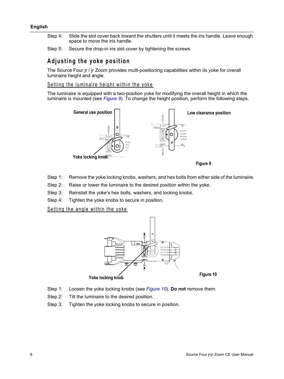 Adjusting the yoke position, Setting the luminaire height within the yoke, Setting the angle within the yoke | ETC Source Four jr and jr Zoom CE User Manual User Manual | Page 10 / 16