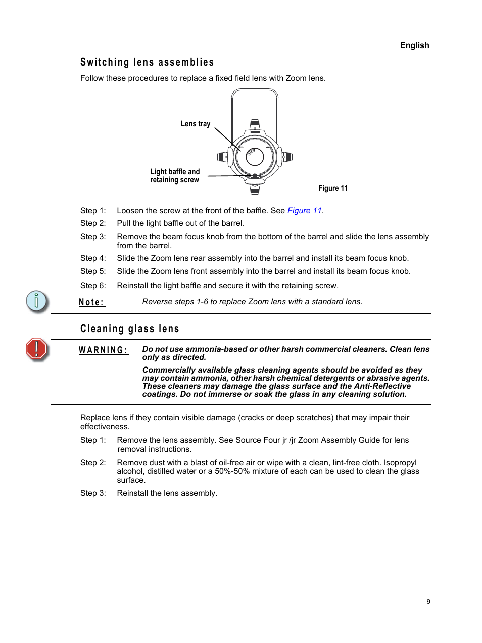 Switching lens assemblies, Cleaning glass lens, Switching lens assemblies cleaning glass lens | N o t e | ETC Source Four jr and jr Zoom CE User Manual User Manual | Page 11 / 16