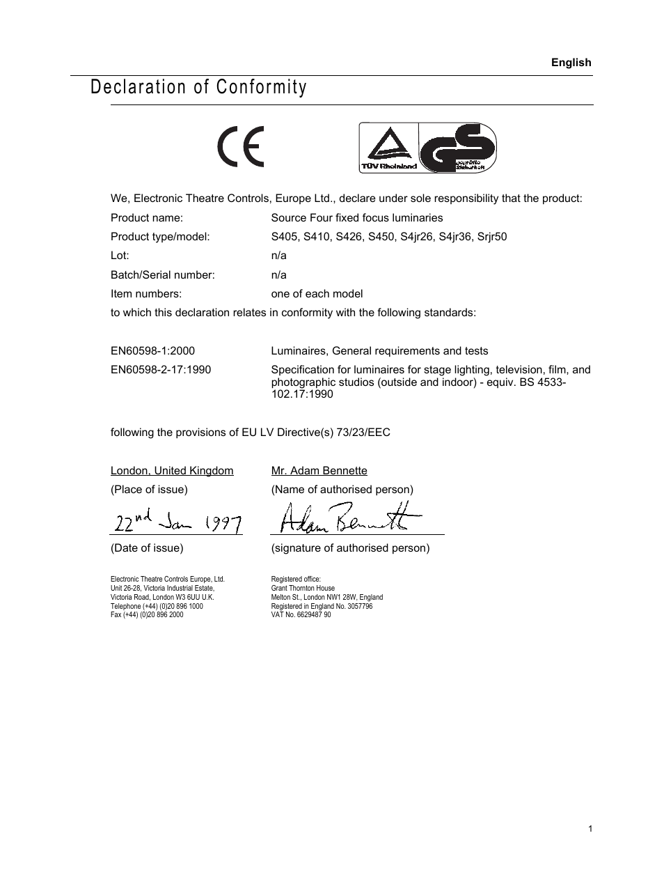 Declaration of conformity | ETC Source Four jr and jr Zoom CE User Manual User Manual | Page 3 / 16