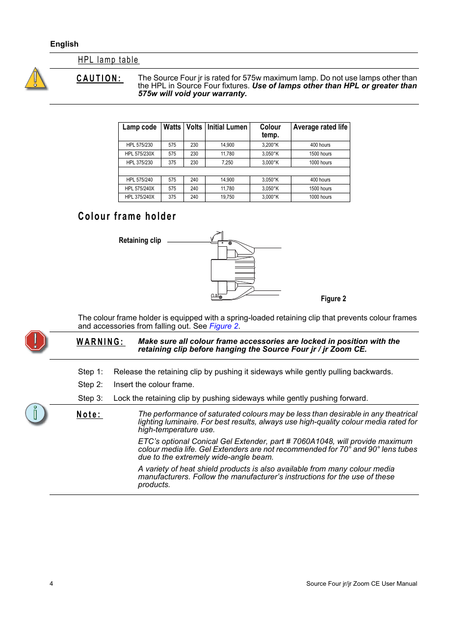 Colour frame holder, Hpl lamp table, N o t e | ETC Source Four jr and jr Zoom CE User Manual User Manual | Page 6 / 16