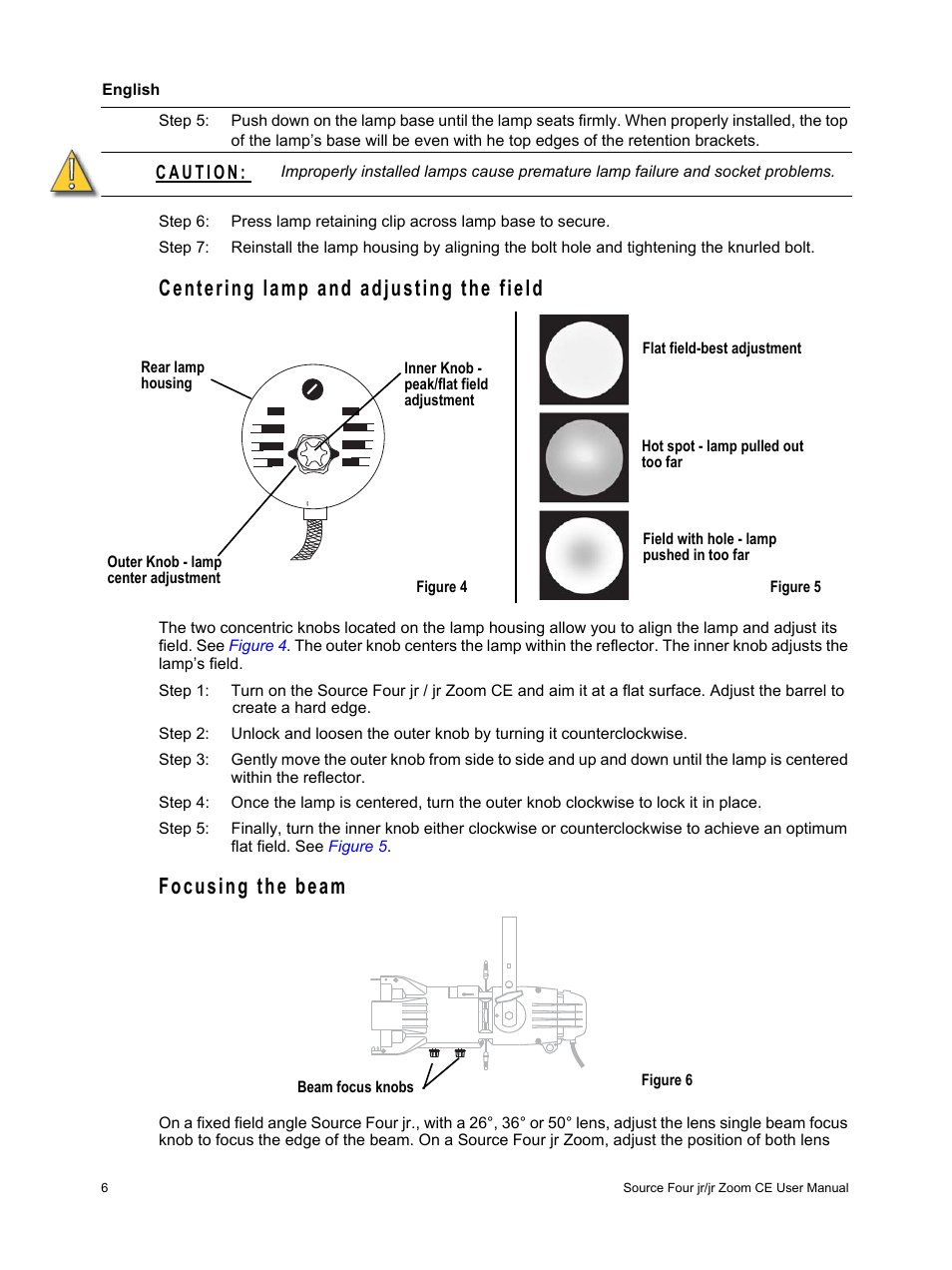 Centering lamp and adjusting the field, Focusing the beam | ETC Source Four jr and jr Zoom CE User Manual User Manual | Page 8 / 16