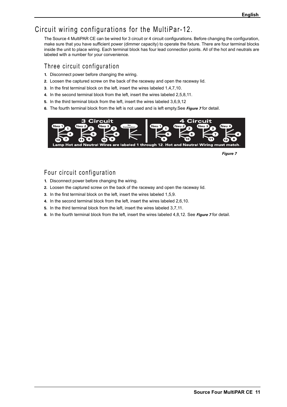 Circuit wiring configurations for the multipar-12, Three circuit configuration, Four circuit configuration | ETC Source Four CE MultiPAR User Manual | Page 11 / 12