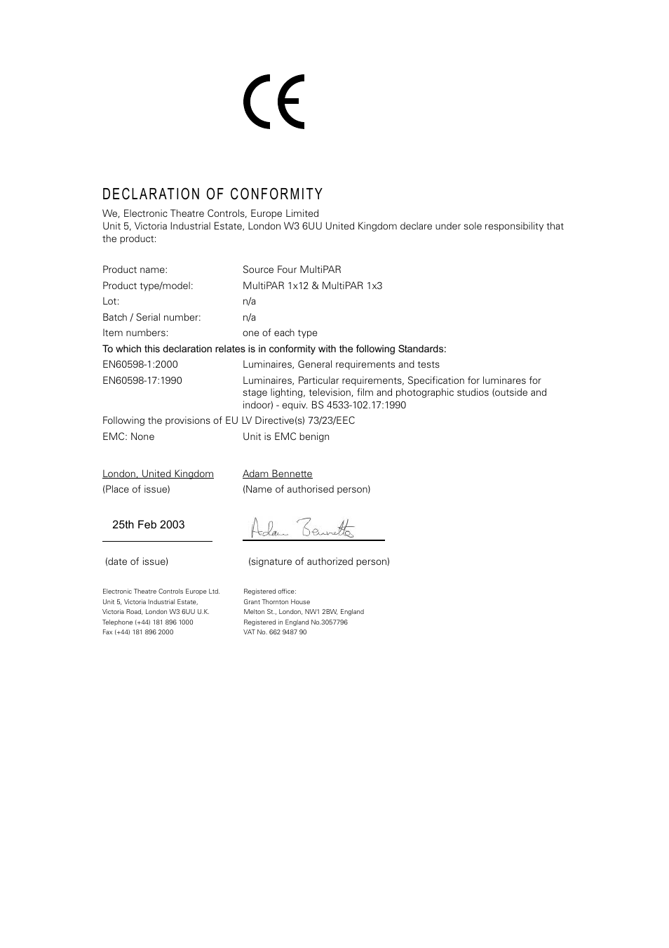 Declaration of conformity | ETC Source Four CE MultiPAR User Manual | Page 3 / 12