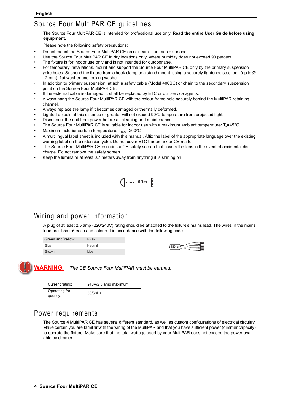 Source four multipar ce guidelines, Wiring and power information, Power requirements | Warning | ETC Source Four CE MultiPAR User Manual | Page 4 / 12