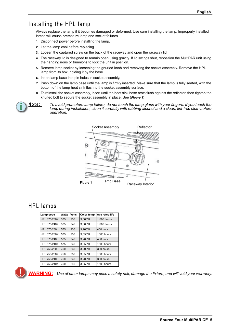 Installing the hpl lamp, Hpl lamps, N o t e | Warning | ETC Source Four CE MultiPAR User Manual | Page 5 / 12