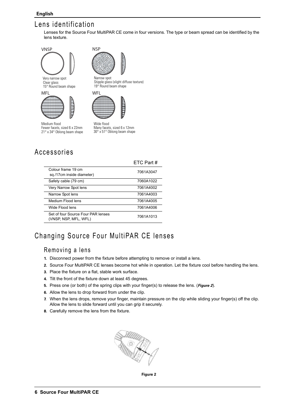 Lens identification, Accessories, Removing a lens | ETC Source Four CE MultiPAR User Manual | Page 6 / 12