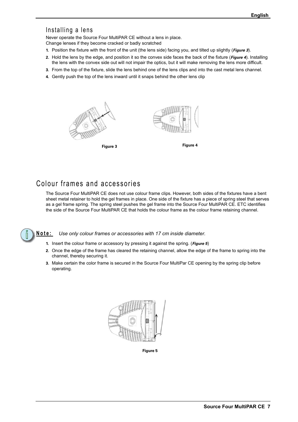 Installing a lens, Colour frames and accessories, N o t e | ETC Source Four CE MultiPAR User Manual | Page 7 / 12