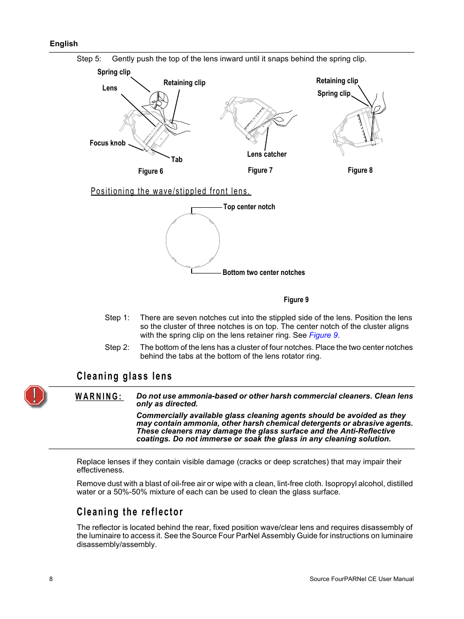 Cleaning glass lens, Cleaning the reflector, Cleaning glass lens cleaning the reflector | Positioning the wave/stippled front lens | ETC Source Four PARNel CE User Manual | Page 10 / 12