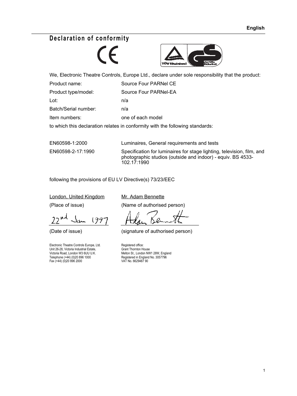 Declaration of conformity | ETC Source Four PARNel CE User Manual | Page 3 / 12