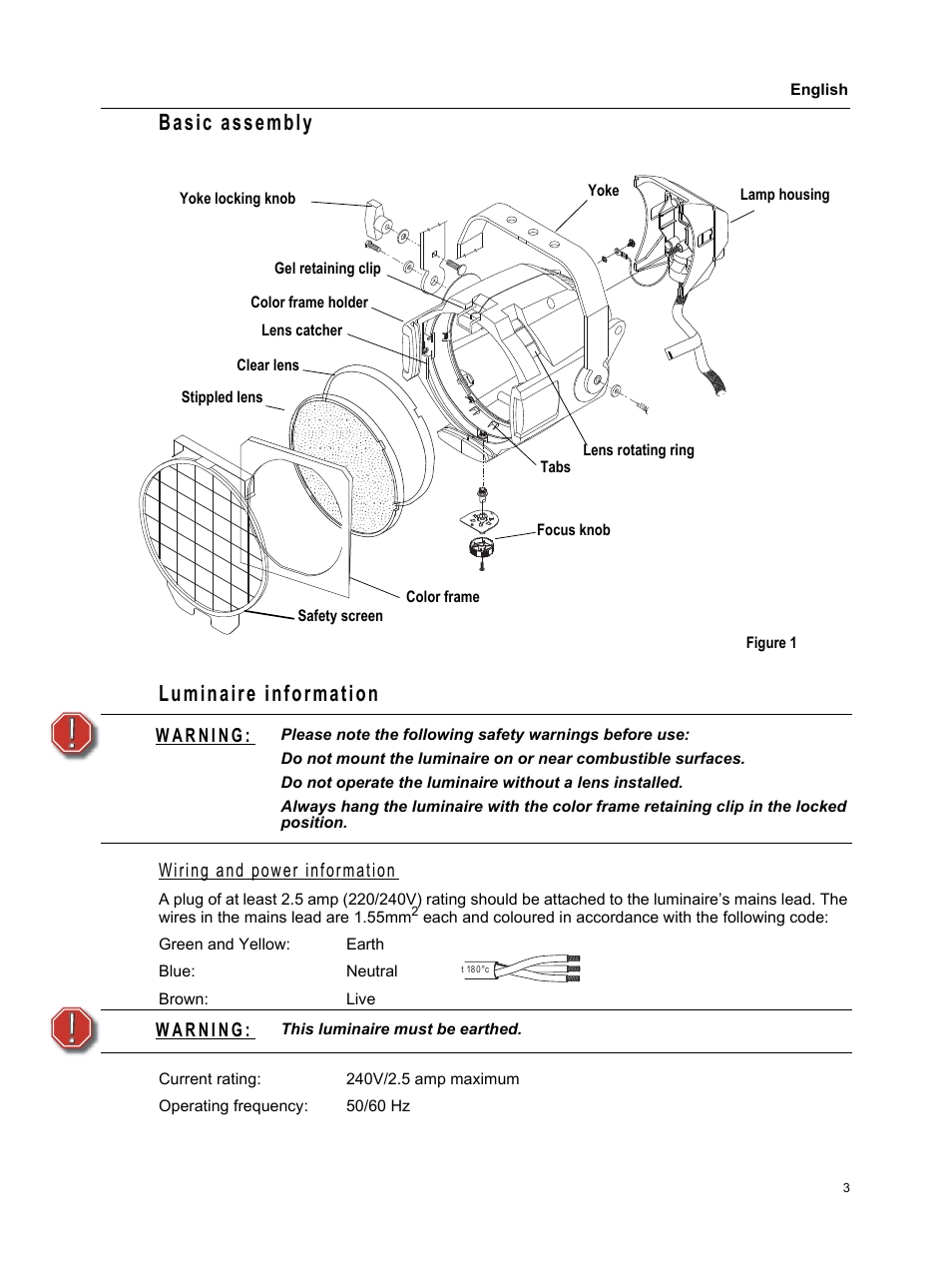 Basic assembly, Luminaire information, Basic assembly luminaire information | Wiring and power information | ETC Source Four PARNel CE User Manual | Page 5 / 12