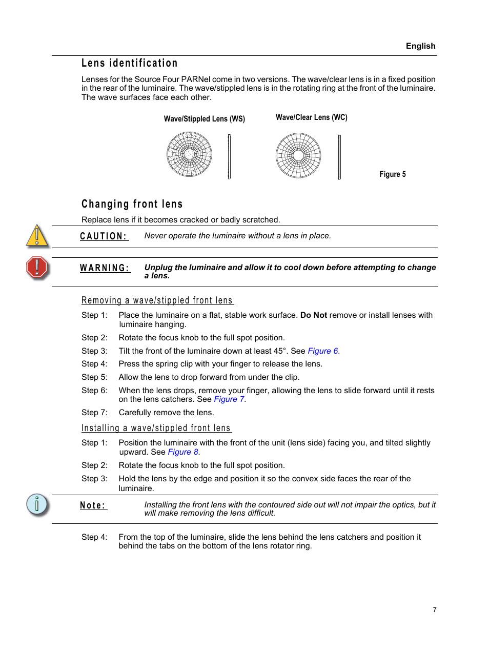 Lens identification, Changing front lens, Lens identification changing front lens | ETC Source Four PARNel CE User Manual | Page 9 / 12