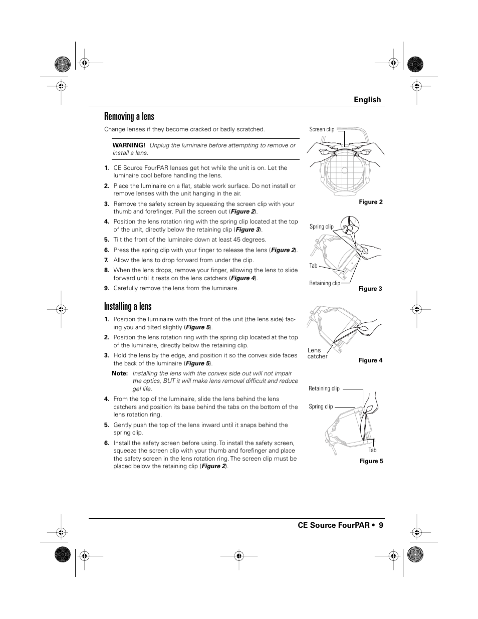Removing a lens, Installing a lens | ETC Source Four CE PAR EA and MCM User Manual | Page 11 / 40
