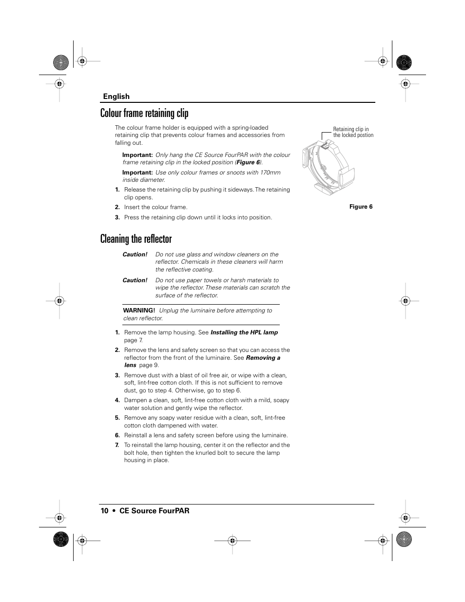 Colour frame retaining clip, Cleaning the reflector | ETC Source Four CE PAR EA and MCM User Manual | Page 12 / 40