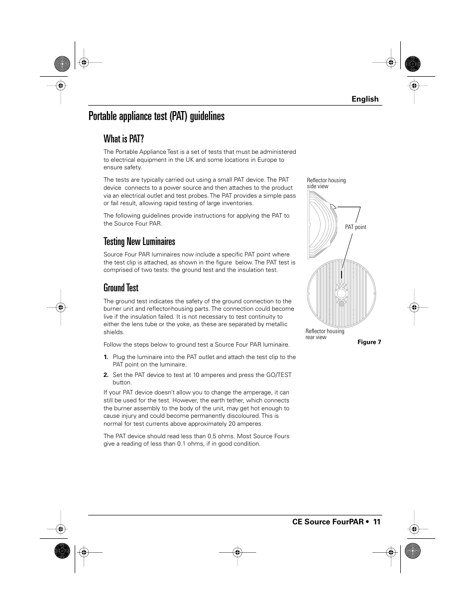 Portable appliance test (pat) guidelines, What is pat, Testing new luminaires | Ground test | ETC Source Four CE PAR EA and MCM User Manual | Page 13 / 40