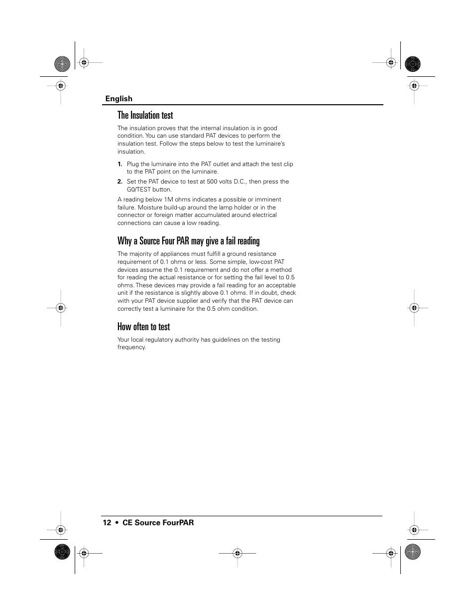 The insulation test, Why a source four par may give a fail reading, How often to test | ETC Source Four CE PAR EA and MCM User Manual | Page 14 / 40