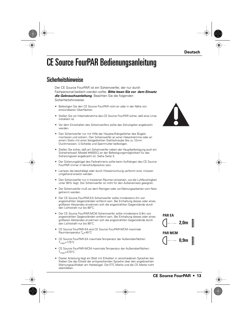 Ce source fourpar bedienungsanleitung, Sicherheitshinweise, 2,0m | 0,9m | ETC Source Four CE PAR EA and MCM User Manual | Page 15 / 40