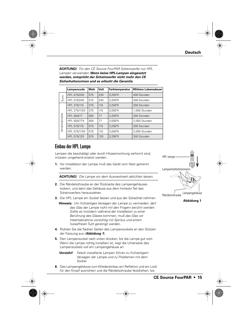 Einbau der hpl lampe, Deutsch ce source fourpar • 15 | ETC Source Four CE PAR EA and MCM User Manual | Page 17 / 40