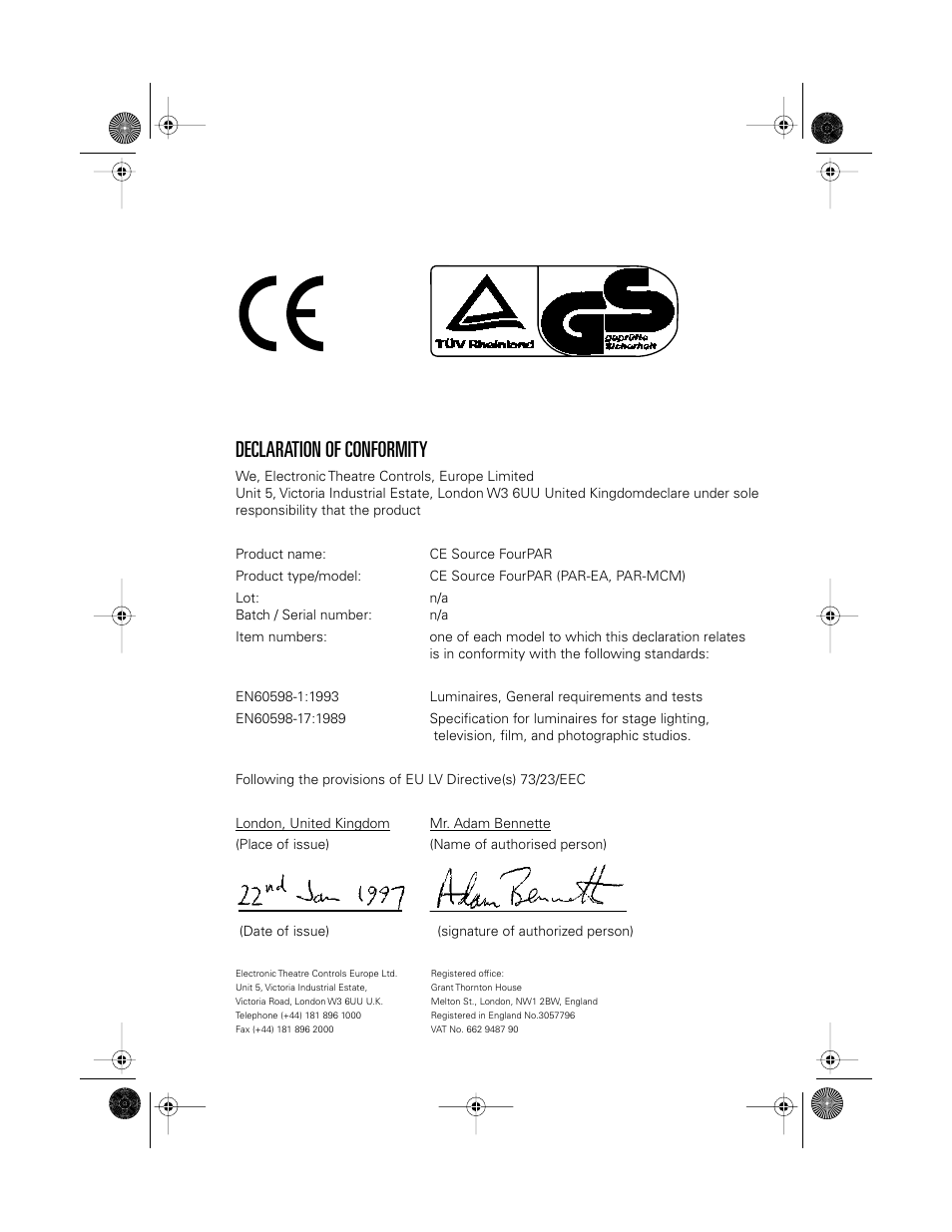Declaration of conformity | ETC Source Four CE PAR EA and MCM User Manual | Page 2 / 40
