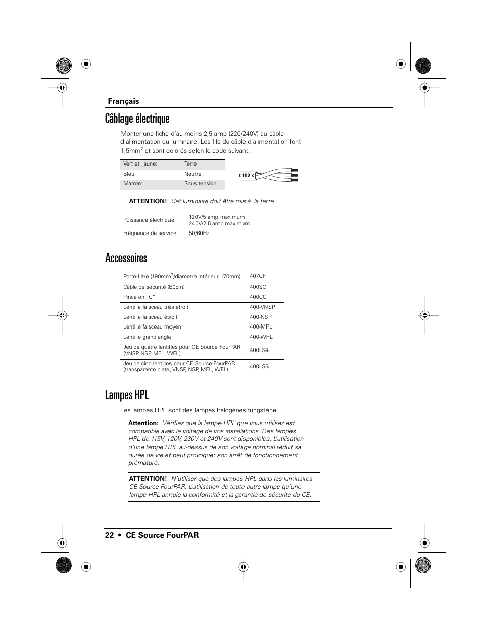 Câblage électrique, Accessoires lampes hpl | ETC Source Four CE PAR EA and MCM User Manual | Page 24 / 40