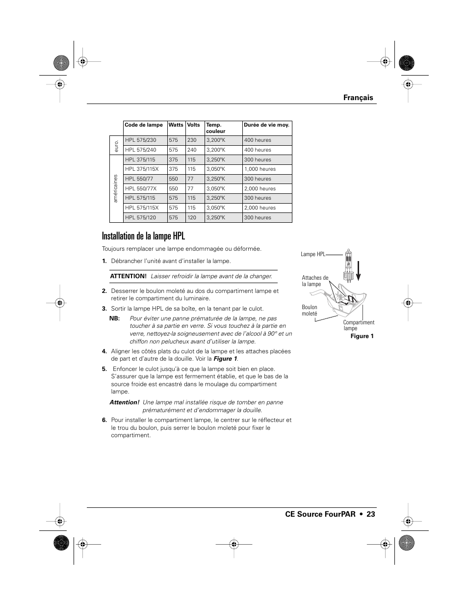 Installation de la lampe hpl, Français ce source fourpar • 23 | ETC Source Four CE PAR EA and MCM User Manual | Page 25 / 40