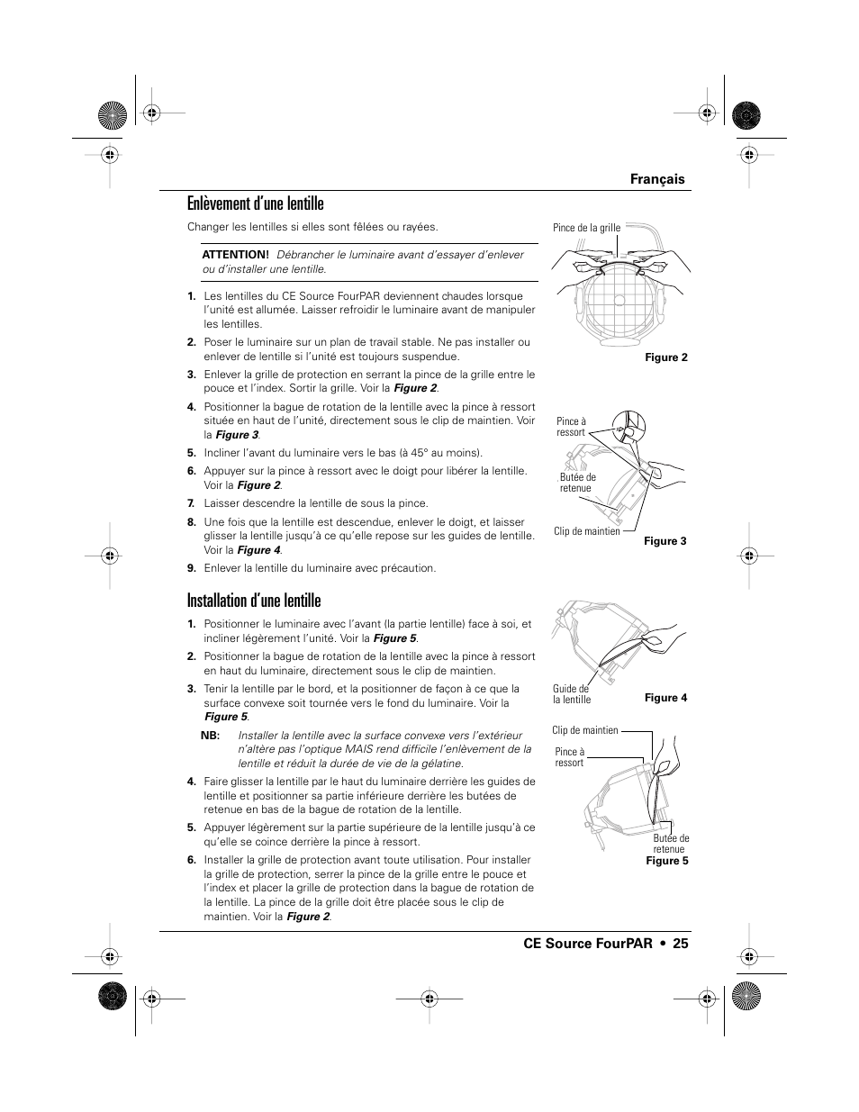 Enlèvement d’une lentille, Installation d’une lentille | ETC Source Four CE PAR EA and MCM User Manual | Page 27 / 40
