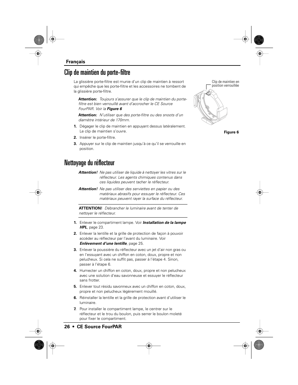 Clip de maintien du porte-filtre, Nettoyage du réflecteur | ETC Source Four CE PAR EA and MCM User Manual | Page 28 / 40