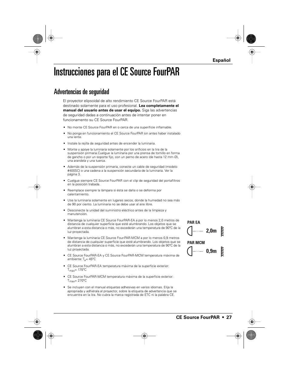 Instrucciones para el ce source fourpar, Advertencias de seguridad, 2,0m | 0,9m | ETC Source Four CE PAR EA and MCM User Manual | Page 29 / 40