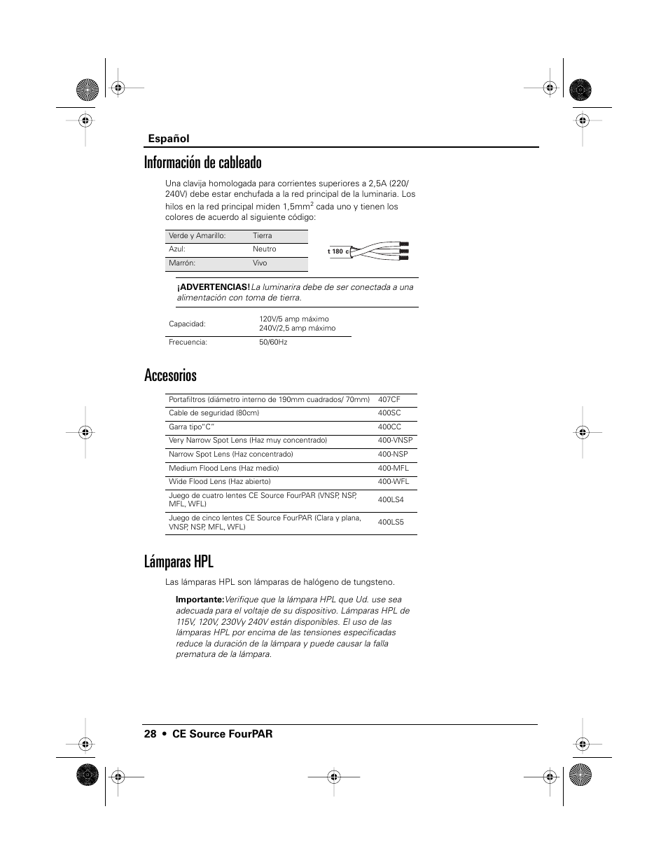 Información de cableado, Accesorios lámparas hpl | ETC Source Four CE PAR EA and MCM User Manual | Page 30 / 40