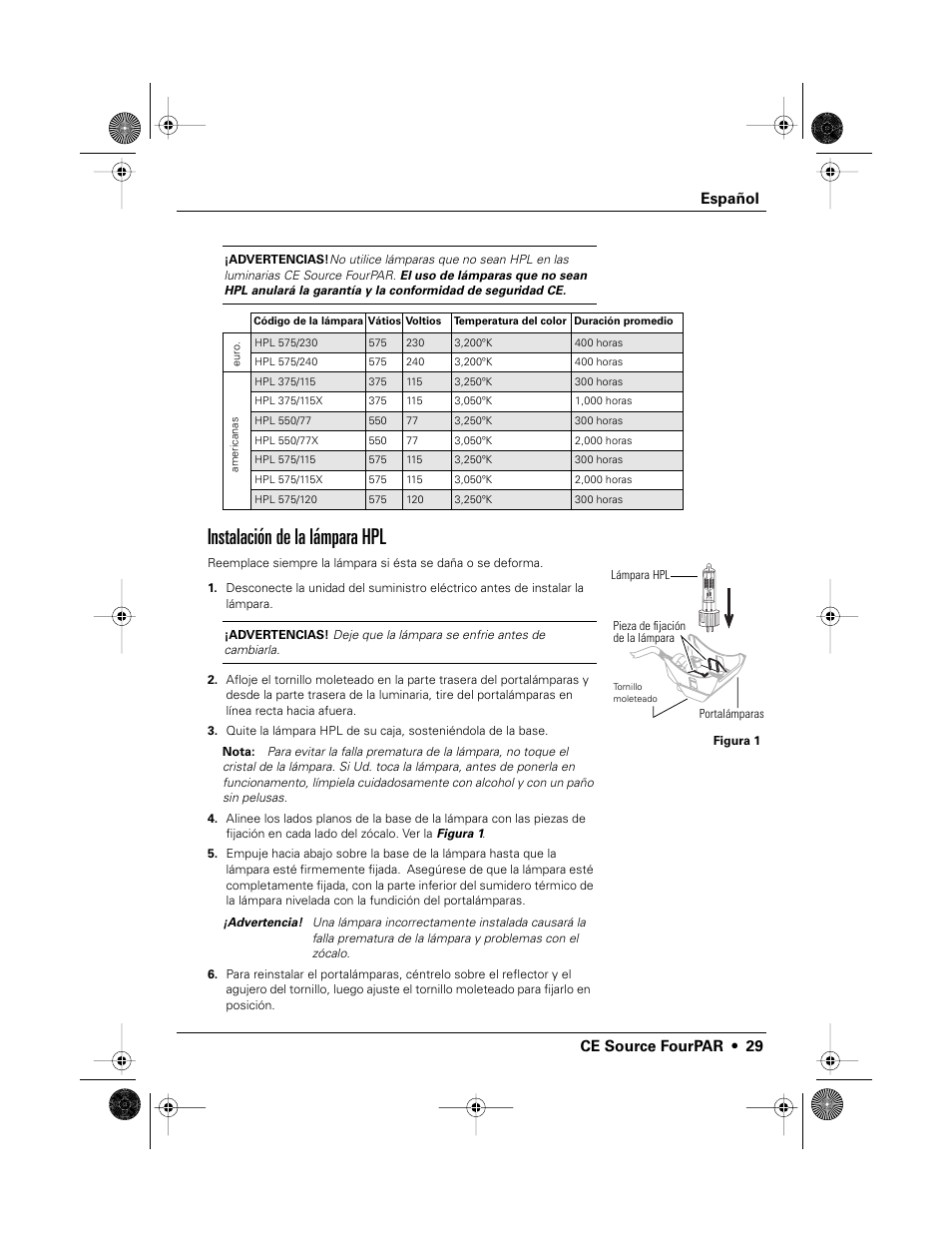 Instalación de la lámpara hpl, Español ce source fourpar • 29 | ETC Source Four CE PAR EA and MCM User Manual | Page 31 / 40