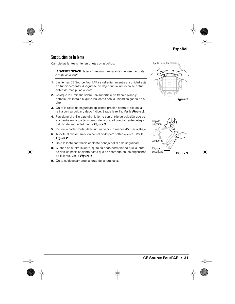 Sustitución de la lente | ETC Source Four CE PAR EA and MCM User Manual | Page 33 / 40