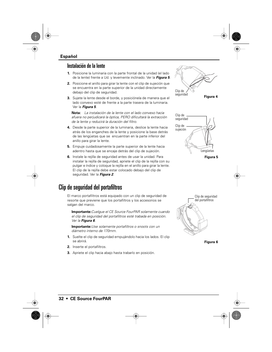 Clip de seguridad del portafiltros, Instalación de la lente | ETC Source Four CE PAR EA and MCM User Manual | Page 34 / 40