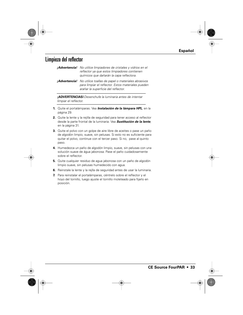 Limpieza del reflector | ETC Source Four CE PAR EA and MCM User Manual | Page 35 / 40