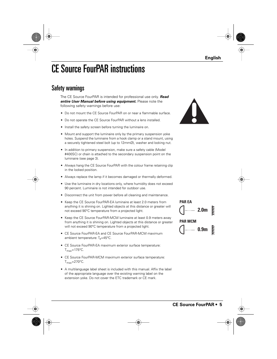 Ce source fourpar instructions, Safety warnings | ETC Source Four CE PAR EA and MCM User Manual | Page 7 / 40