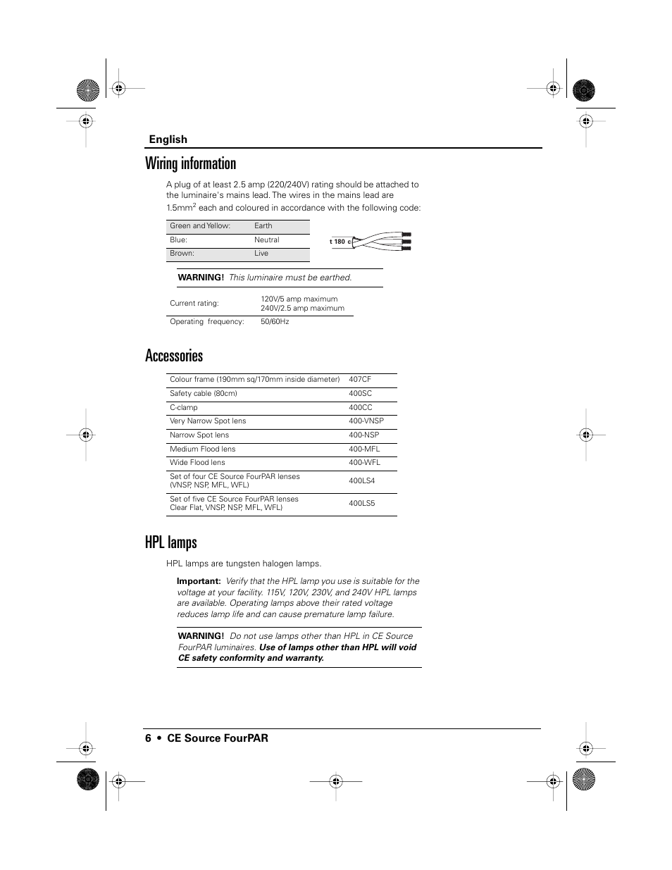 Wiring information, Accessories hpl lamps | ETC Source Four CE PAR EA and MCM User Manual | Page 8 / 40