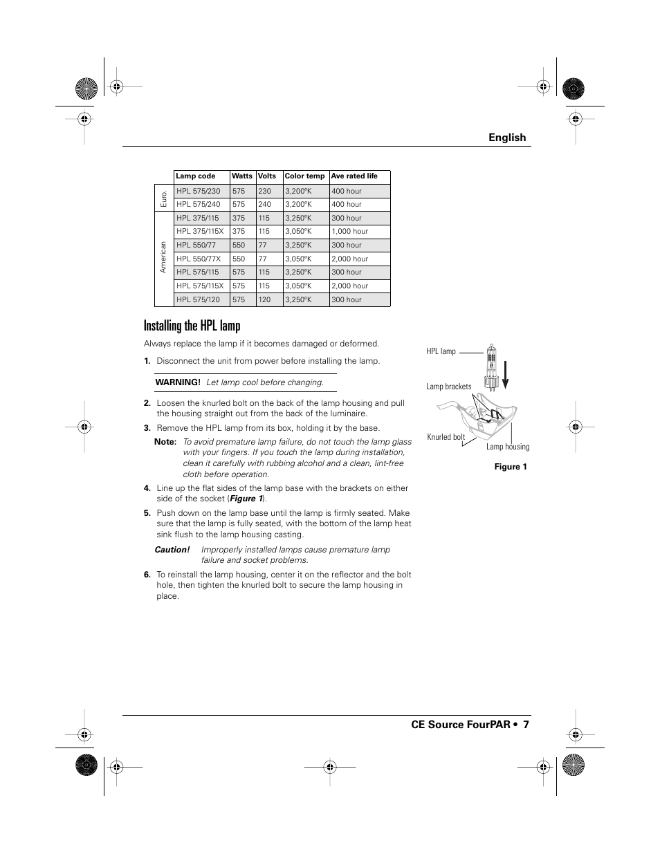 Installing the hpl lamp, English ce source fourpar • 7 | ETC Source Four CE PAR EA and MCM User Manual | Page 9 / 40