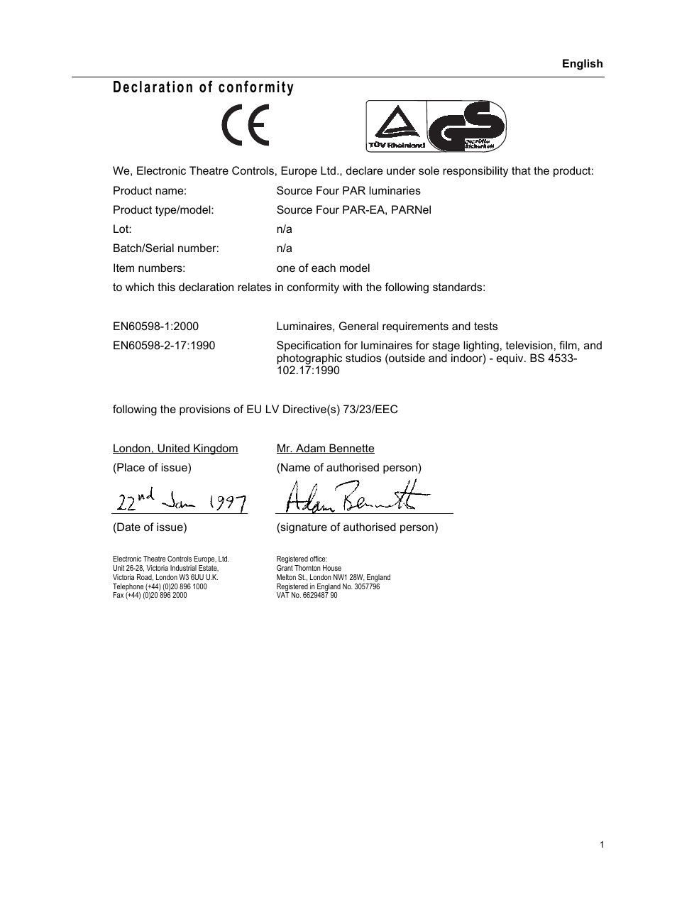 Declaration of conformity | ETC Source Four PAR CE User Manual | Page 3 / 12