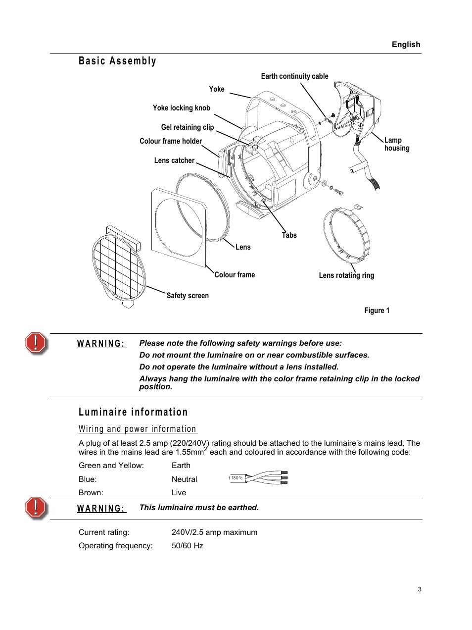 Basic assembly, Luminaire information, Basic assembly luminaire information | Wiring and power information | ETC Source Four PAR CE User Manual | Page 5 / 12